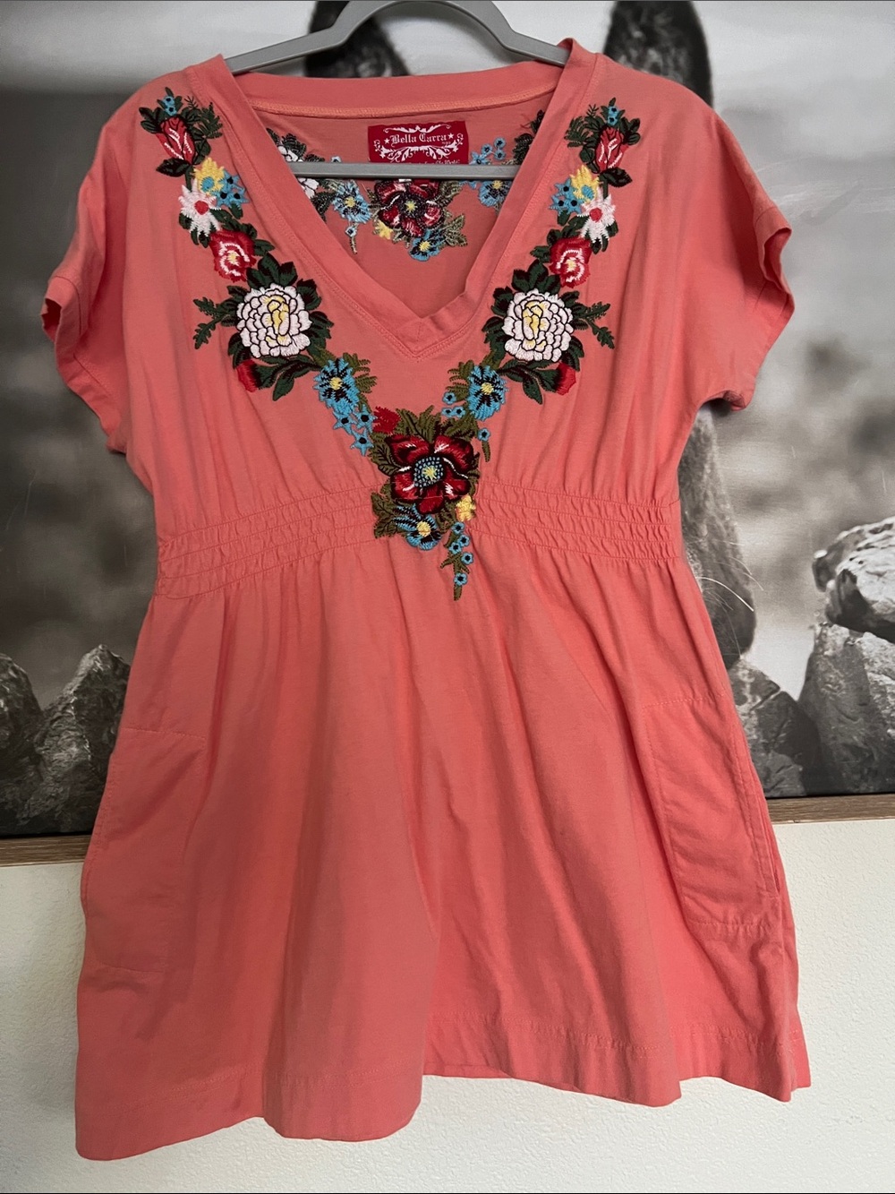 Coral Embroidered V-Neck Women’s Top